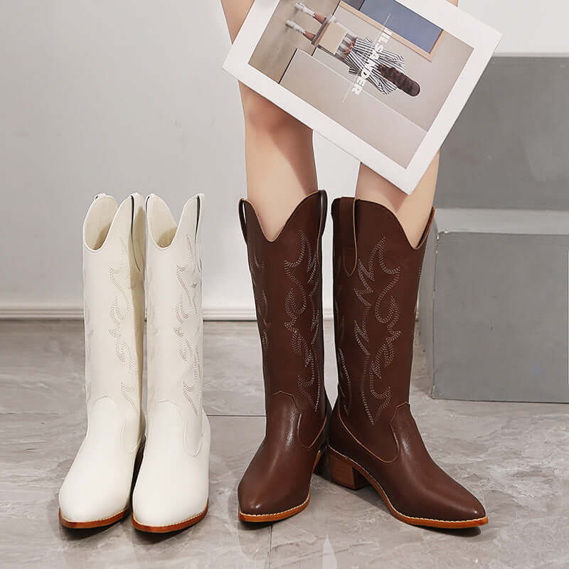 Ladies Mid Calf Cowboy Boots in brown and white with chunky heels, offering classic western style and mid-heel height for stability.