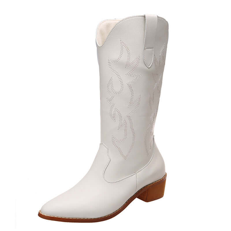 White Ladies Mid Calf Cowboy Boots with chunky heel and western embroidery, offering style and stability for any occasion.