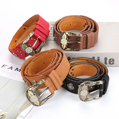 Various Leather Floral Belts showcasing intricate designs and buckles, perfect for enhancing any stylish outfit.