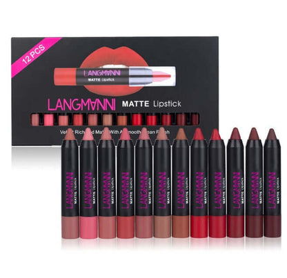 12-piece Lipsticks Matte Colors set with rich, velvety matte finish for long-lasting wear.
