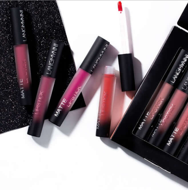 Lipsticks Matte Colors set displaying waterproof, velvety matte lipsticks in a variety of rich shades on a stylish background.