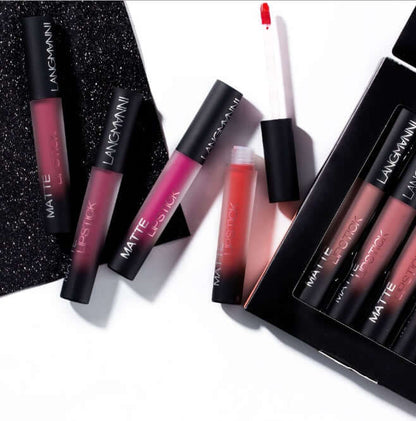 Lipsticks Matte Colors set displaying waterproof, velvety matte lipsticks in a variety of rich shades on a stylish background.