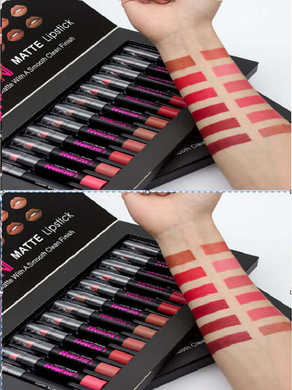 Lipsticks Matte Colors set with arm swatches showing rich, velvety matte shades. Long-lasting, waterproof lipsticks in a sleek box.