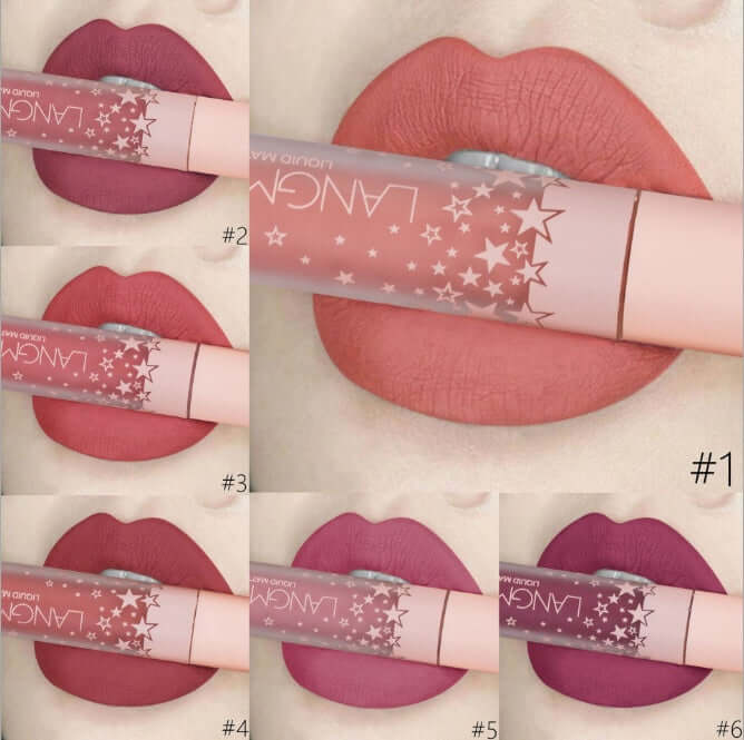 Close-up of Lipsticks Matte Colors showing waterproof matte finish in various shades, part of a 12-piece long-lasting lipstick collection.
