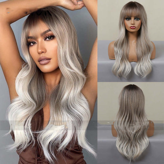 Elegant Loose Wavy Wig with High-Temperature Silk in Natural Look, Perfect for Women, Available in Gray, Black, Red, Pink