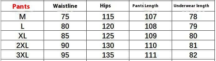 Sizing chart for pants showing measurements for waistline, hips, pants length, and underwear length from M to 3XL.