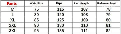 Sizing chart for pants showing measurements for waistline, hips, pants length, and underwear length from M to 3XL.