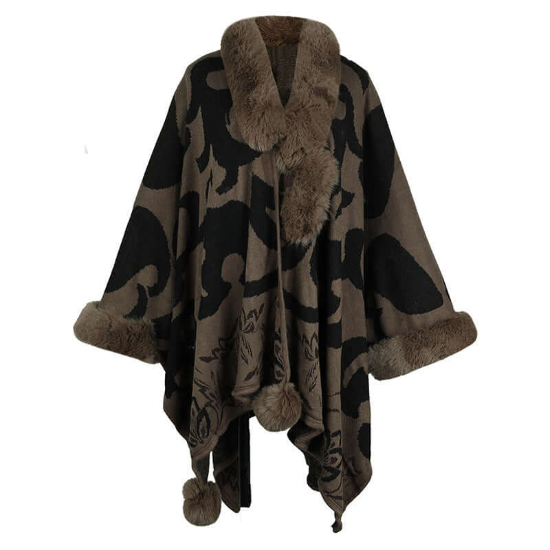 Luxurious faux fur shawl in dark tones with fur collar and pom-pom details, perfect for elegant winter style.