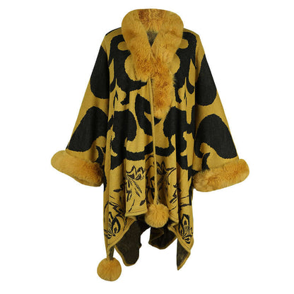 Luxurious faux fur shawl in vibrant yellow and black design, perfect for adding elegance and warmth to winter outfits.