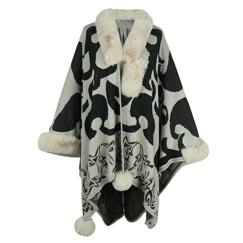 Elegant faux fur shawl with stylish black and gray patterns, perfect for adding warmth and luxury to your wardrobe.
