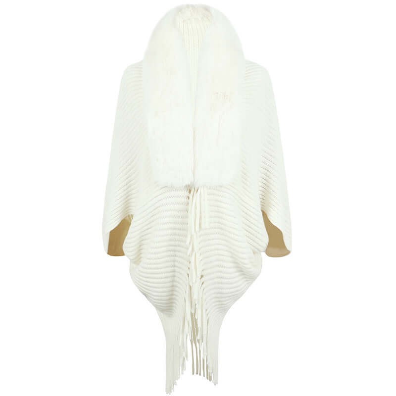 Elegant white Fur Jacket Shawl with soft fur collar and fringed hem, perfect for stylish layering and warmth.
