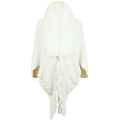 Elegant white Fur Jacket Shawl with soft fur collar and fringed hem, perfect for stylish layering and warmth.