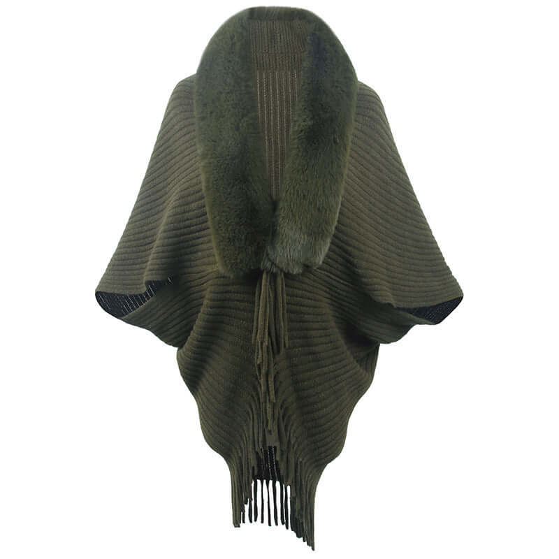 Elegant fur jacket shawl in olive green offering luxurious warmth and style for women's fashion.