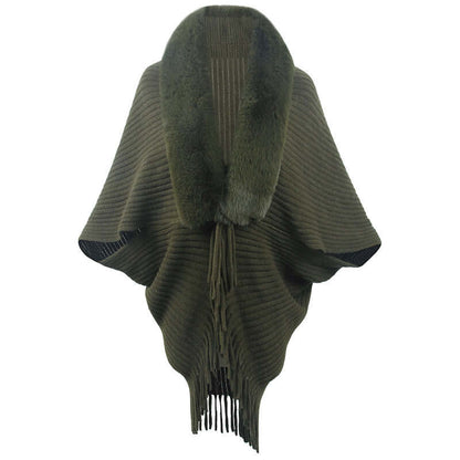Elegant fur jacket shawl in olive green offering luxurious warmth and style for women's fashion.