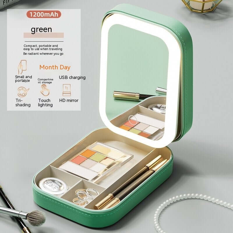 Stylish green Makeup Storage Box with a mirror, USB charging, and compartments for cosmetics, enhancing beauty routines.