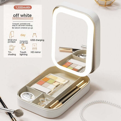 Stylish off white Makeup Storage Box with mirror, storage for cosmetics, USB charging, and touch lighting.