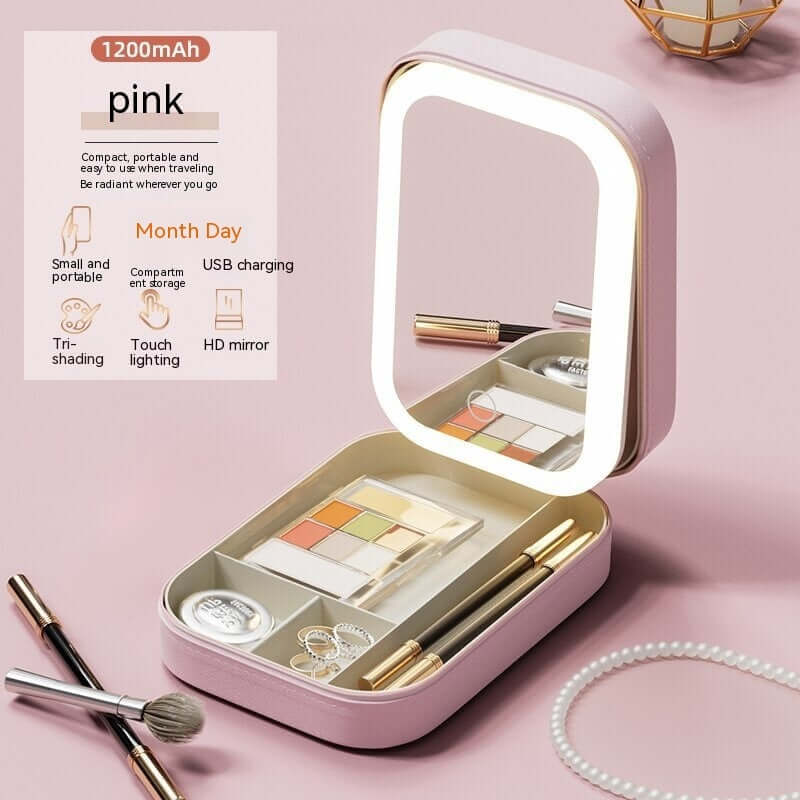 Stylish pink Makeup Storage Box with mirror and LED lighting, compact design for easy travel and organization.