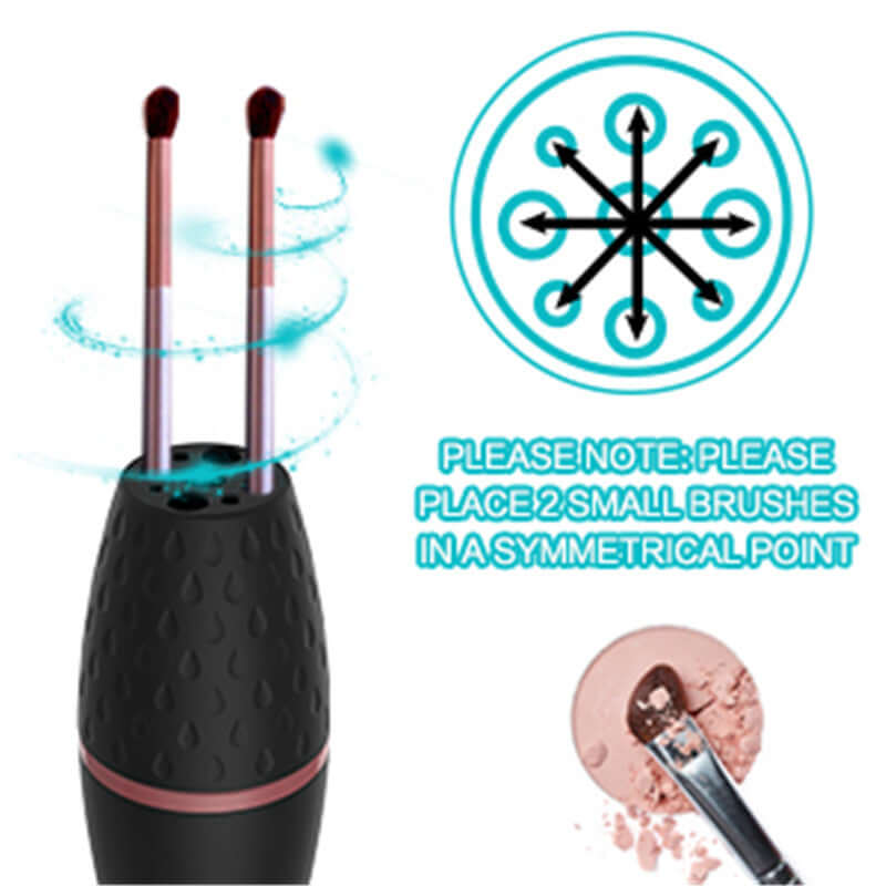 Makeup Brush Cleaning Machine with sleek black design and instructions for optimal use displayed alongside device and cosmetic brush.