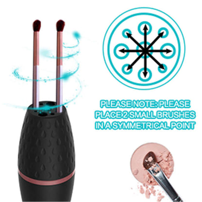 Makeup Brush Cleaning Machine with sleek black design and instructions for optimal use displayed alongside device and cosmetic brush.