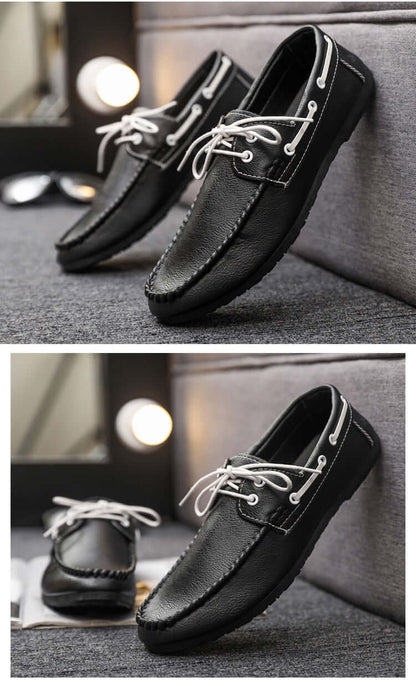 Stylish black faux leather loafers with white laces, offering comfort and durability, ideal for versatile fashion and everyday wear.