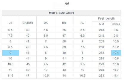 Men's size chart for Gommino Driving Shoes, showing conversions for US, UK, EU sizes with foot length in millimeters and inches.