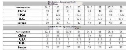 Men's and women's shoe size comparison chart for China, USA, UK, and Europe with foot lengths in centimeters.
