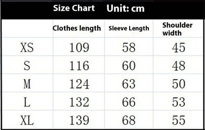 Size chart for mink-like faux fur coat showing measurements in centimeters for XS to XL.