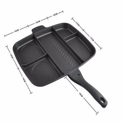 Multi Compartment Frying Pan with four sections for versatile cooking and a non-stick surface.