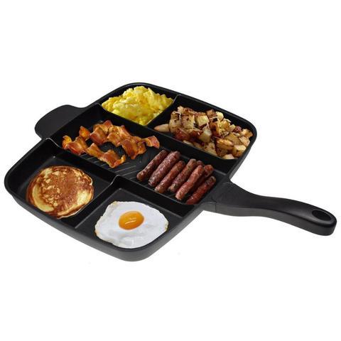 Multi Compartment Frying Pan with six sections, ideal for cooking breakfast items like eggs, bacon, and pancakes.