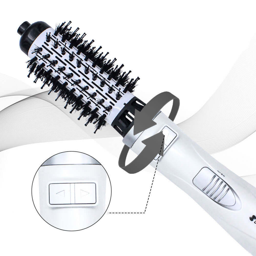 Multifunctional Hair Dryer Brush with curling and volumizing features, showcasing hot and cold air settings on a white background.