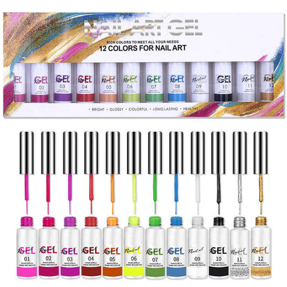 Nail Art Gel Liner Set with 12 vibrant colors for stunning nail designs, 8ml each, perfect for creative nail art enthusiasts.