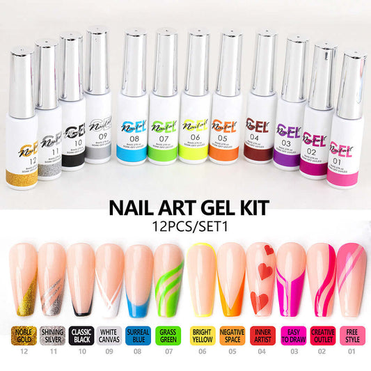 Nail Art Gel Liner Set featuring 12 vibrant colors, perfect for creating diverse and beautiful nail designs.