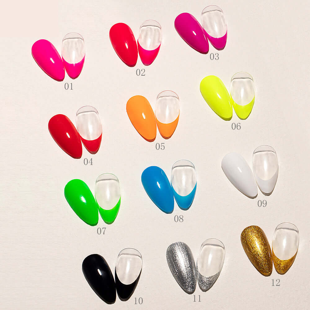 Colorful Nail Art Gel Liner Set with 12 vibrant shades displayed in a chart for creative nail designs and customization options.