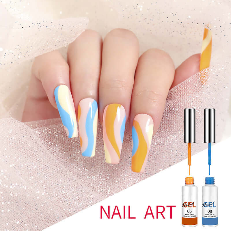 Vibrant nail art using Nail Art Gel Liner Set in 12 shades, showcasing blue and orange creative designs for stunning nails.