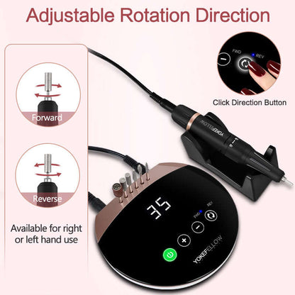 Adjustable Nail Drill Machine with rotation direction control, suitable for right or left hand use. Includes display and buttons.