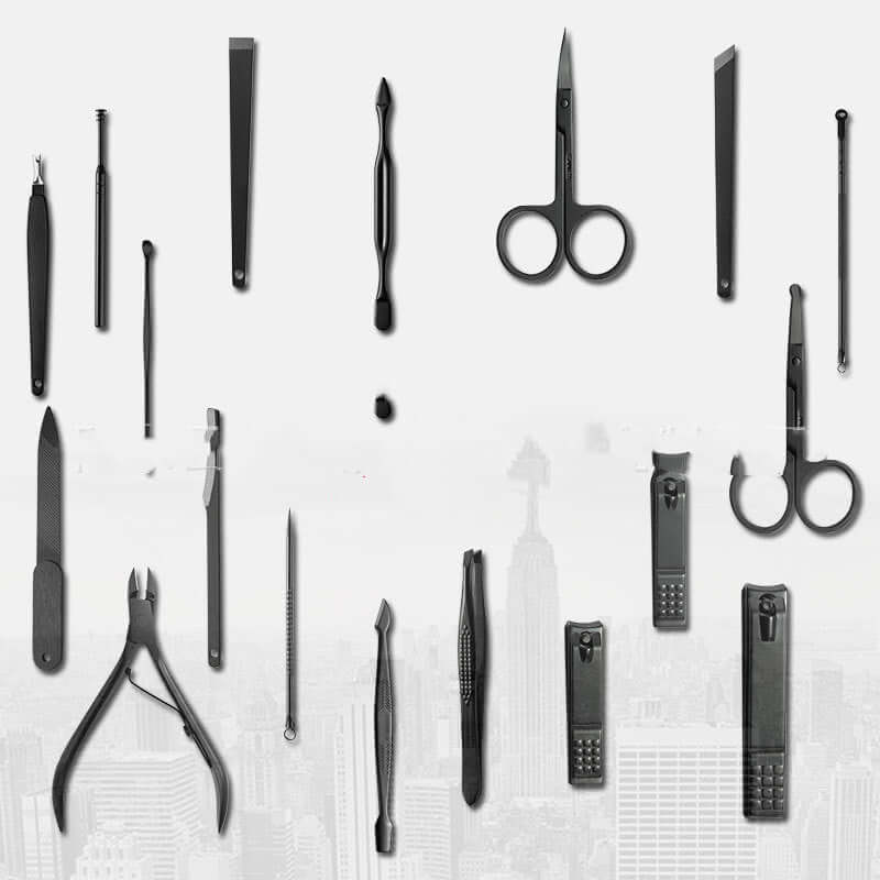 18-piece Nail Trimming Set with stainless steel tools in stylish black-red, orange, and blue variations displayed on a light background.