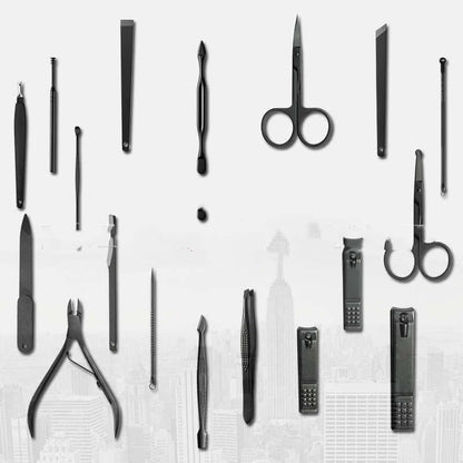 18-piece Nail Trimming Set with stainless steel tools in stylish black-red, orange, and blue variations displayed on a light background.