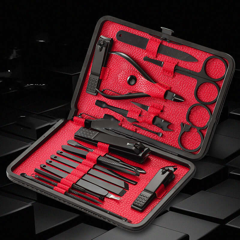 Elegant Nail Trimming Set with 18 durable stainless steel tools in a stylish black-red design. Perfect for precise grooming needs.