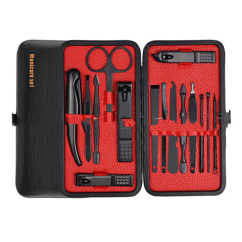 18-piece Nail Trimming Set in black-red case, featuring stainless steel tools for reliable manicures and pedicures.
