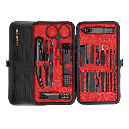 18-piece Nail Trimming Set in black-red case, featuring stainless steel tools for reliable manicures and pedicures.