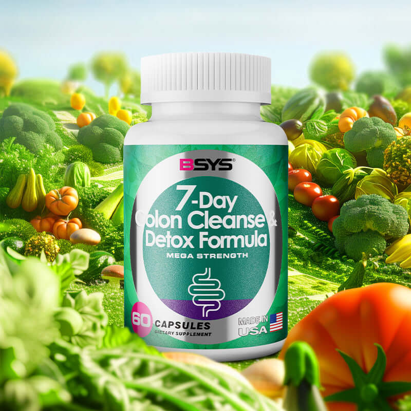Natural Cleanse Detox Formula bottle with 60 capsules against a vivid vegetable background, promoting digestive health and detox.