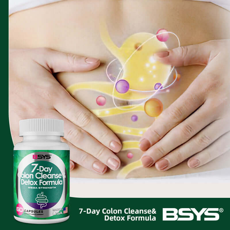 Natural Cleanse Detox Formula bottle promoting digestive health with 60 capsules, non-GMO herbal supplements for a week-long detox.