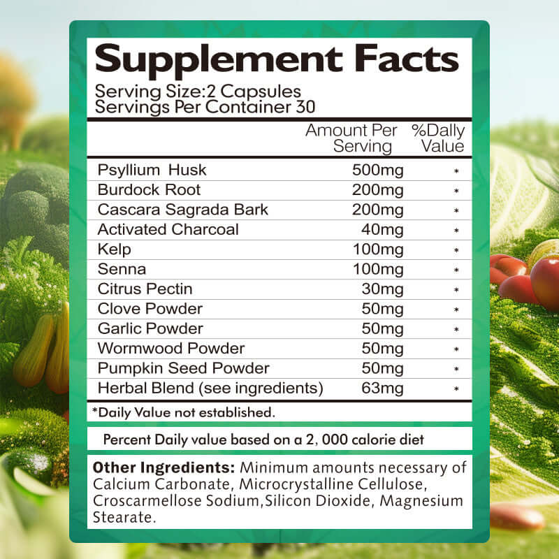 Supplement Facts label for Natural Cleanse Detox Formula, including ingredients like psyllium husk, burdock root, and more.