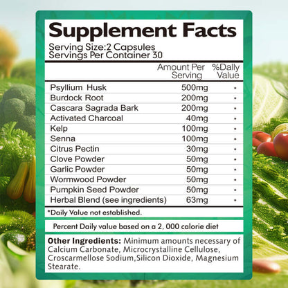 Supplement Facts label for Natural Cleanse Detox Formula, including ingredients like psyllium husk, burdock root, and more.