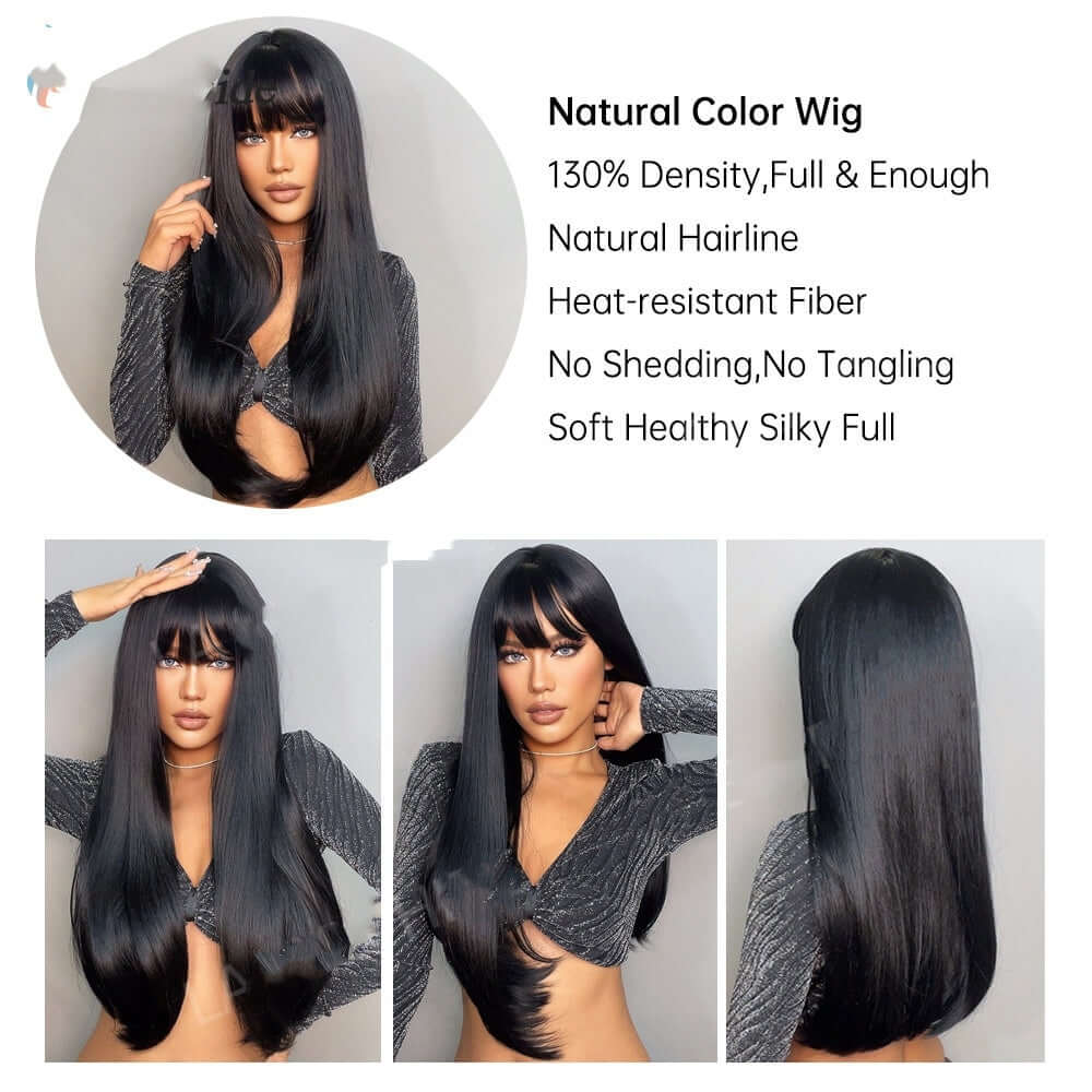 Woman wearing a luxurious straight long wig in elegant black, showcasing natural hairline and heat-resistant properties.