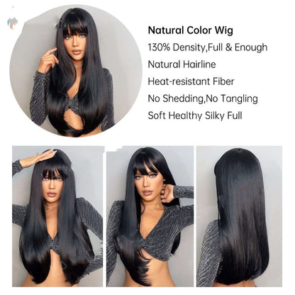 Woman wearing a luxurious straight long wig in elegant black, showcasing natural hairline and heat-resistant properties.