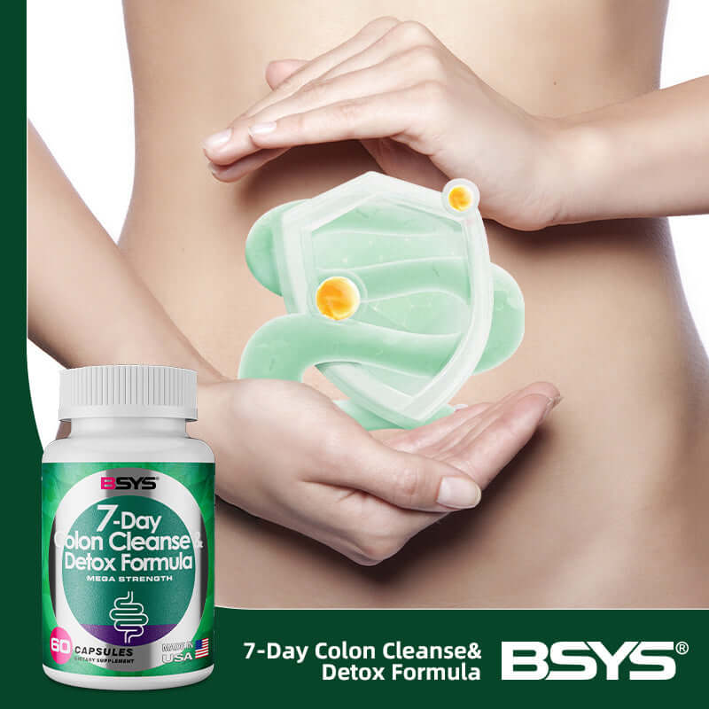 Natural Cleanse Detox Formula bottle next to a graphic of a healthy digestive system, highlighting detox benefits.