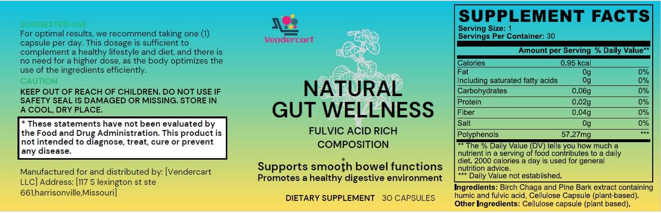 Fulvic Acid Supplement label displaying natural ingredients and benefits for digestive health with Birch Chaga and Pine Bark Extract.