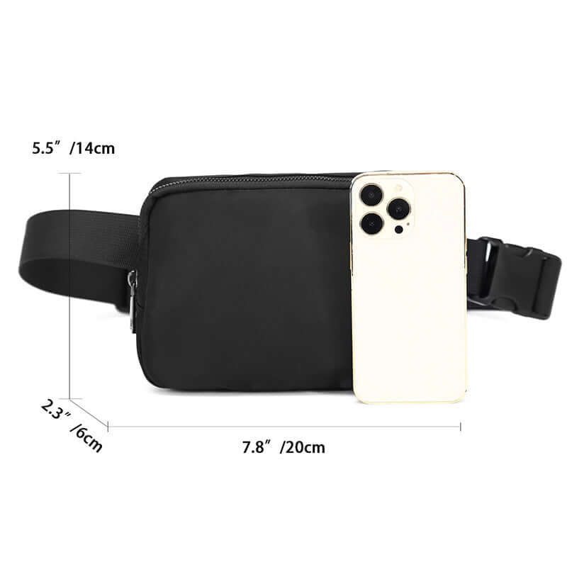 Black Nylon Crossbody Pouch Bag with phone, waterproof and lightweight design for males, dimensions 7.8 x 5.5 inches.