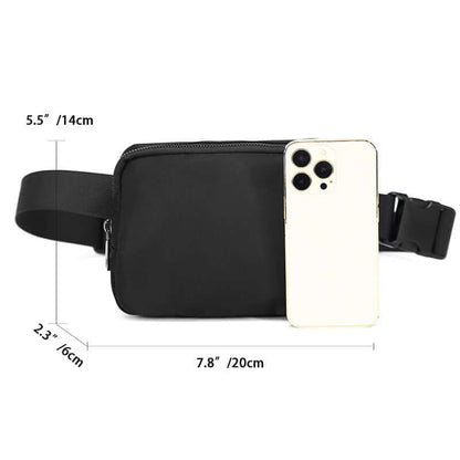 Black Nylon Crossbody Pouch Bag with phone, waterproof and lightweight design for males, dimensions 7.8 x 5.5 inches.